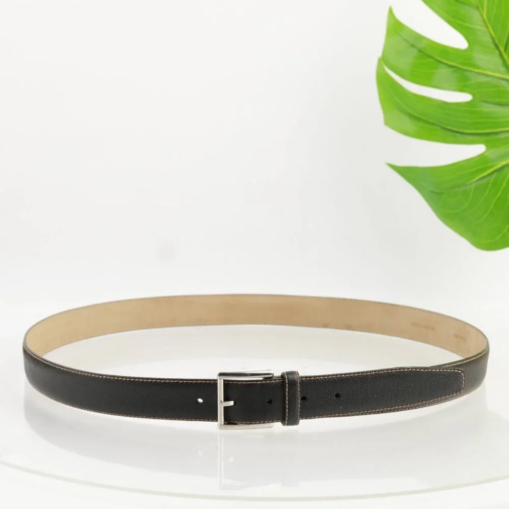 Brioni‎ Mens Belt Size 44 Black Calf Leather Tan Stitching 1 1/4